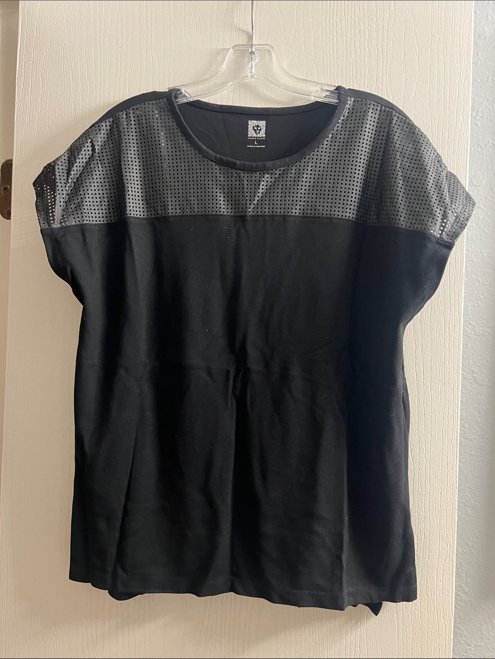 Anne Klein Black Short Sleeve Tee with Perforated Yoke